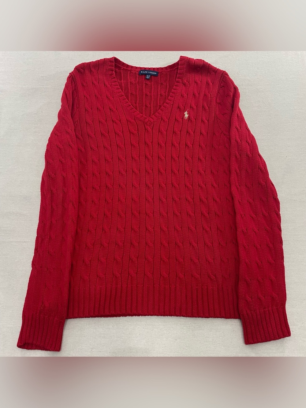 Ralph Lauren Cable Knit V Neck Sweater Womens Sz XL Red Holiday Gold Pony